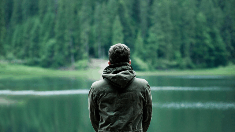 Person in a green jacket looking at a forest lake near Minds and Mountains ecolodge